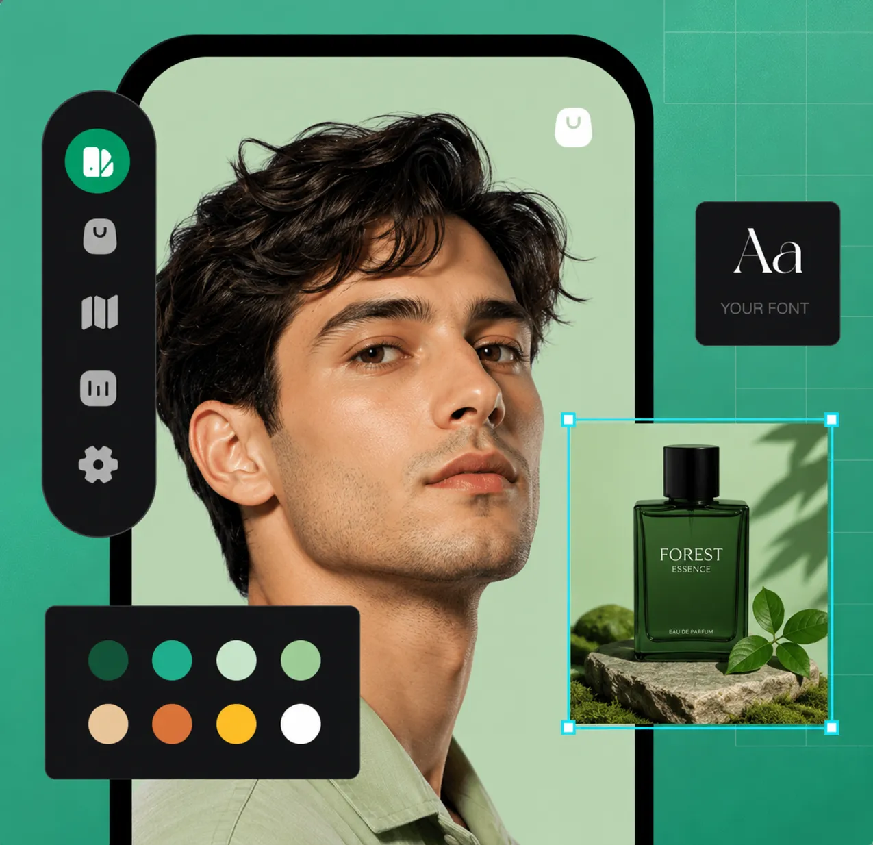 Modern mobile app UI concept designed by Vertexia featuring a creative profile editor interface, custom color palette controls, premium typography elements, and responsive app design visuals for done-for-you website and brand