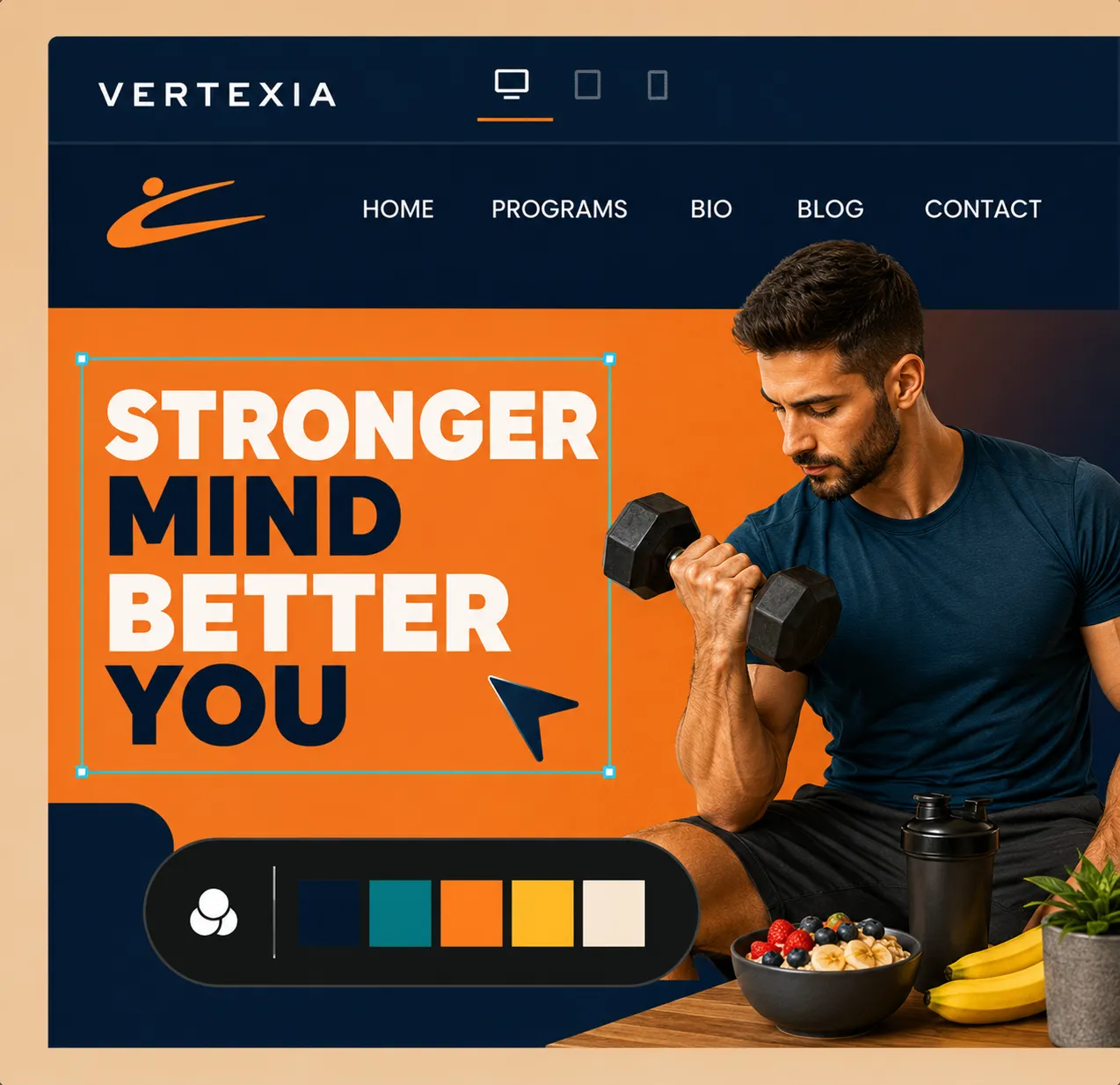 Custom fitness website landing page designed by Vertexia featuring a modern gym and wellness theme with bold typography, responsive UI design, vibrant orange and navy color palette, and professional fitness branding for done-for-you website services.
