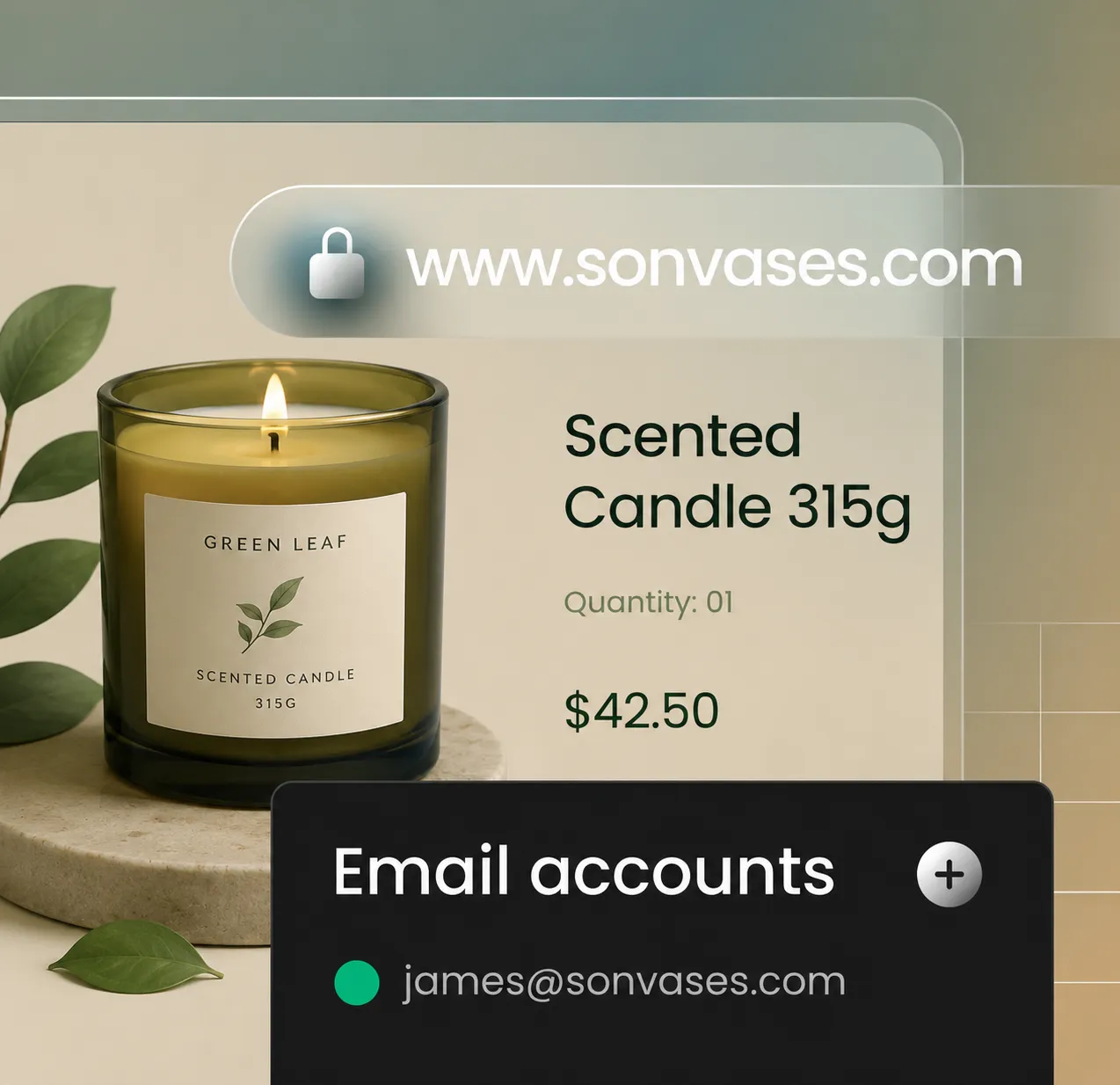 Modern ecommerce product showcase interface designed by Vertexia featuring a minimalist candle product layout, glassmorphism UI elements, responsive web design, secure domain display, and premium done-for-you website styling for online brands.