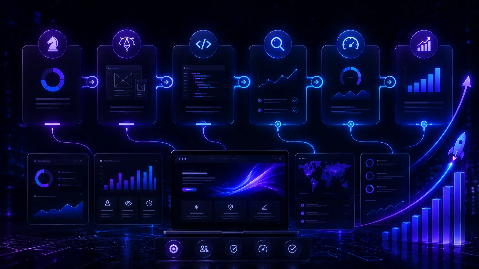Custom website development workflow showing strategy design SEO optimization and digital growth process