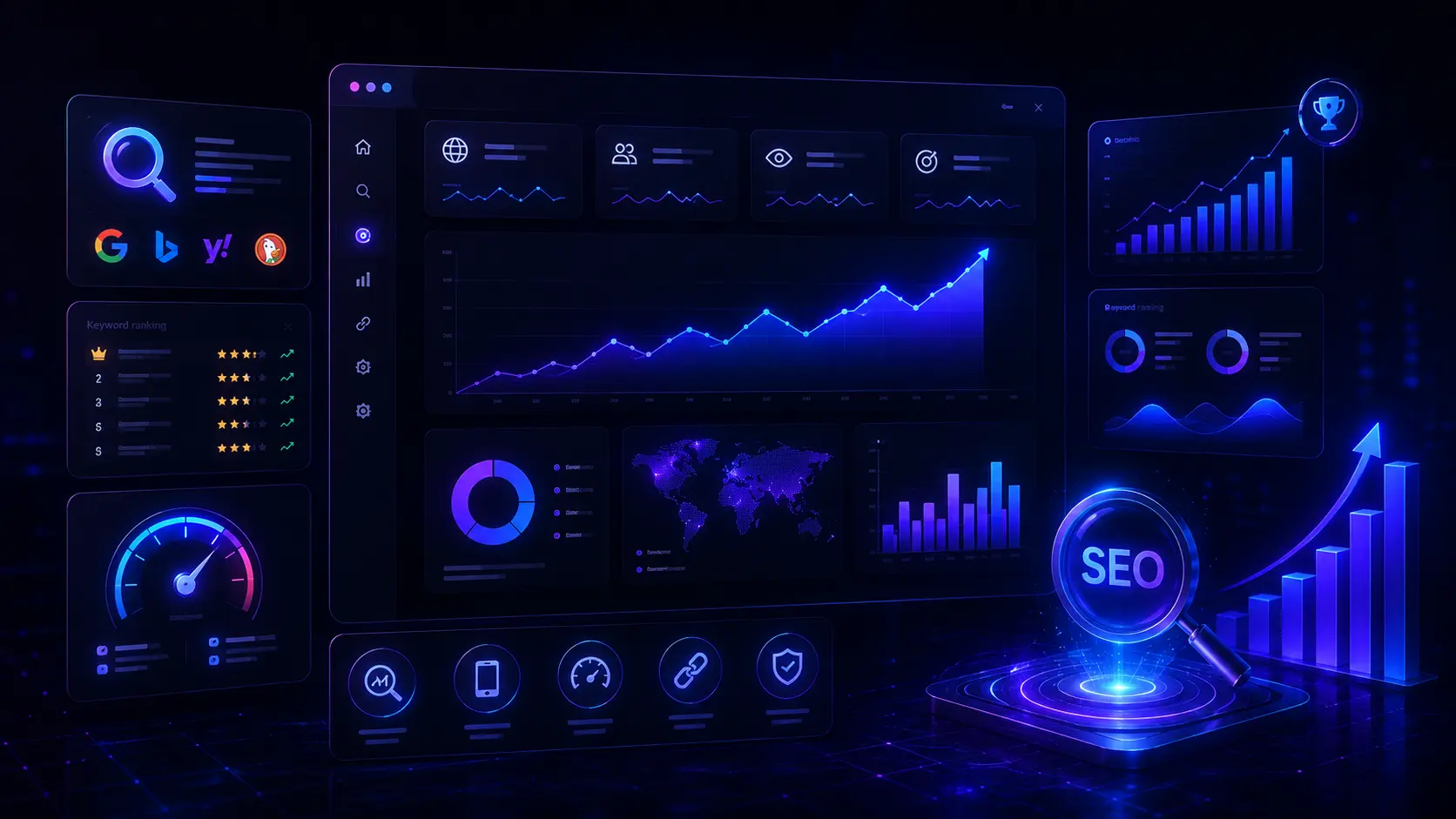 SEO analytics dashboard showing website traffic growth and search engine optimization metrics