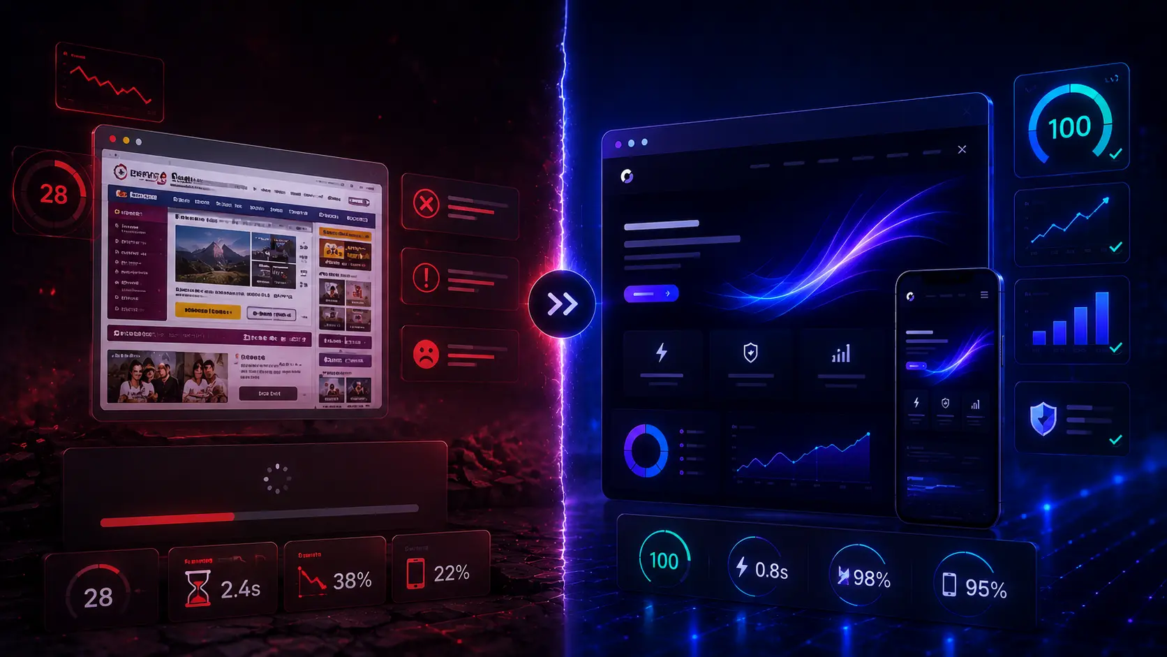 Comparison between outdated websites and modern high-performance custom websites
